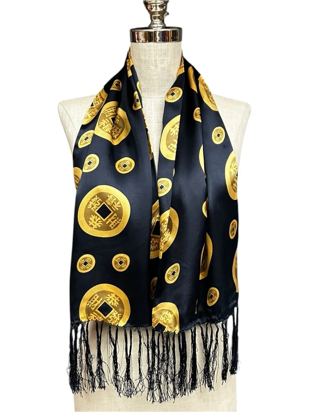 Black Gold Silk Feng Shui Coin Scarf Chinese Lucky Coin Fringe Wrap 44x11